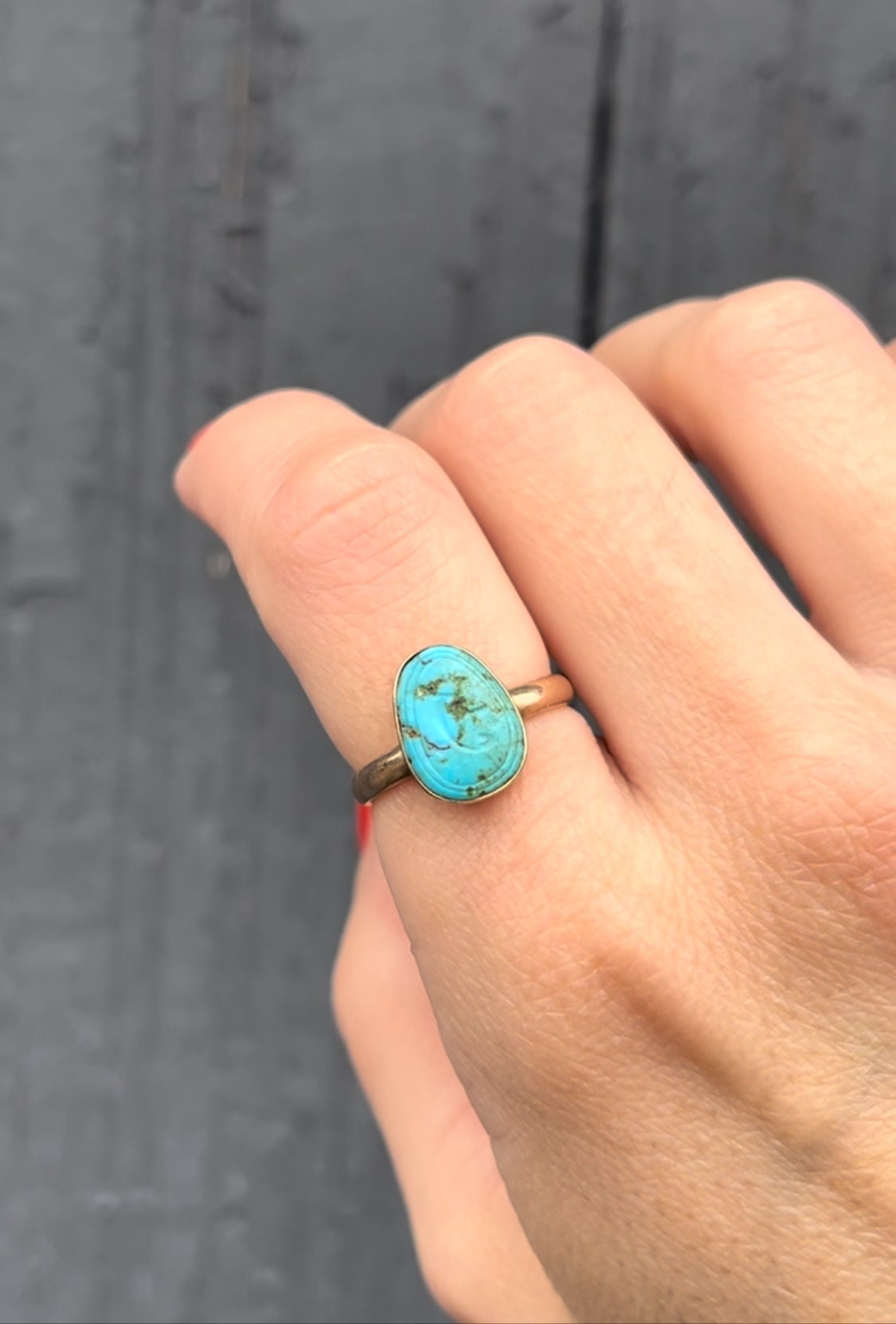 Engraved Antique Turquoise Solitaire Ring - Victorian