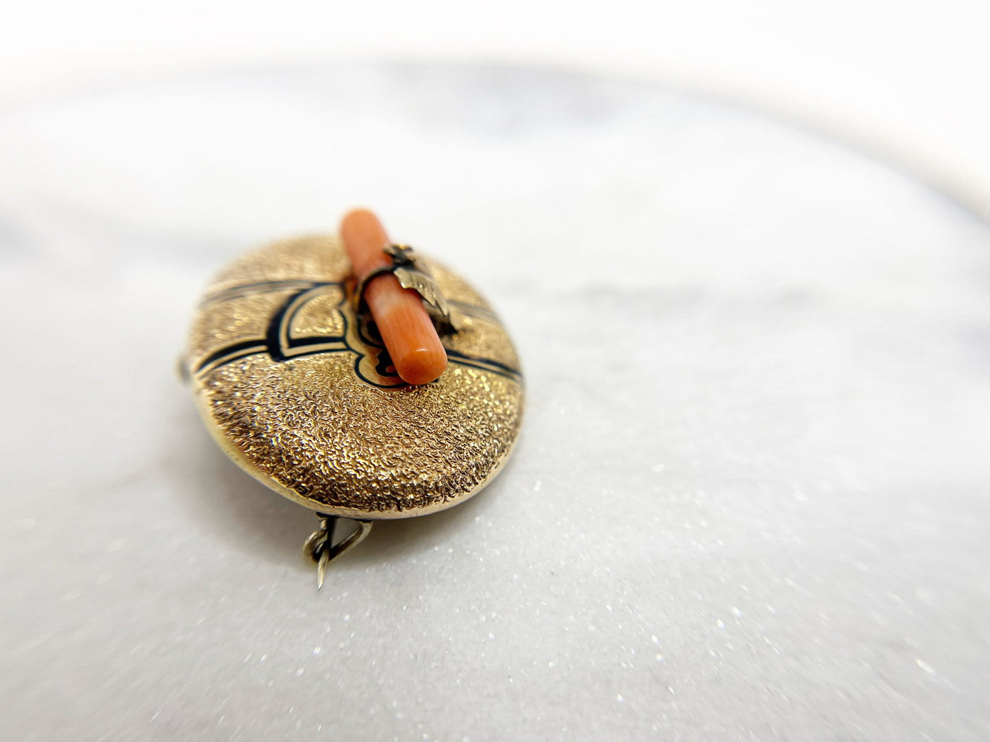 Victorian Taille d'Epargne Gold Fill and Black Enamel Buckle Brooch with Coral